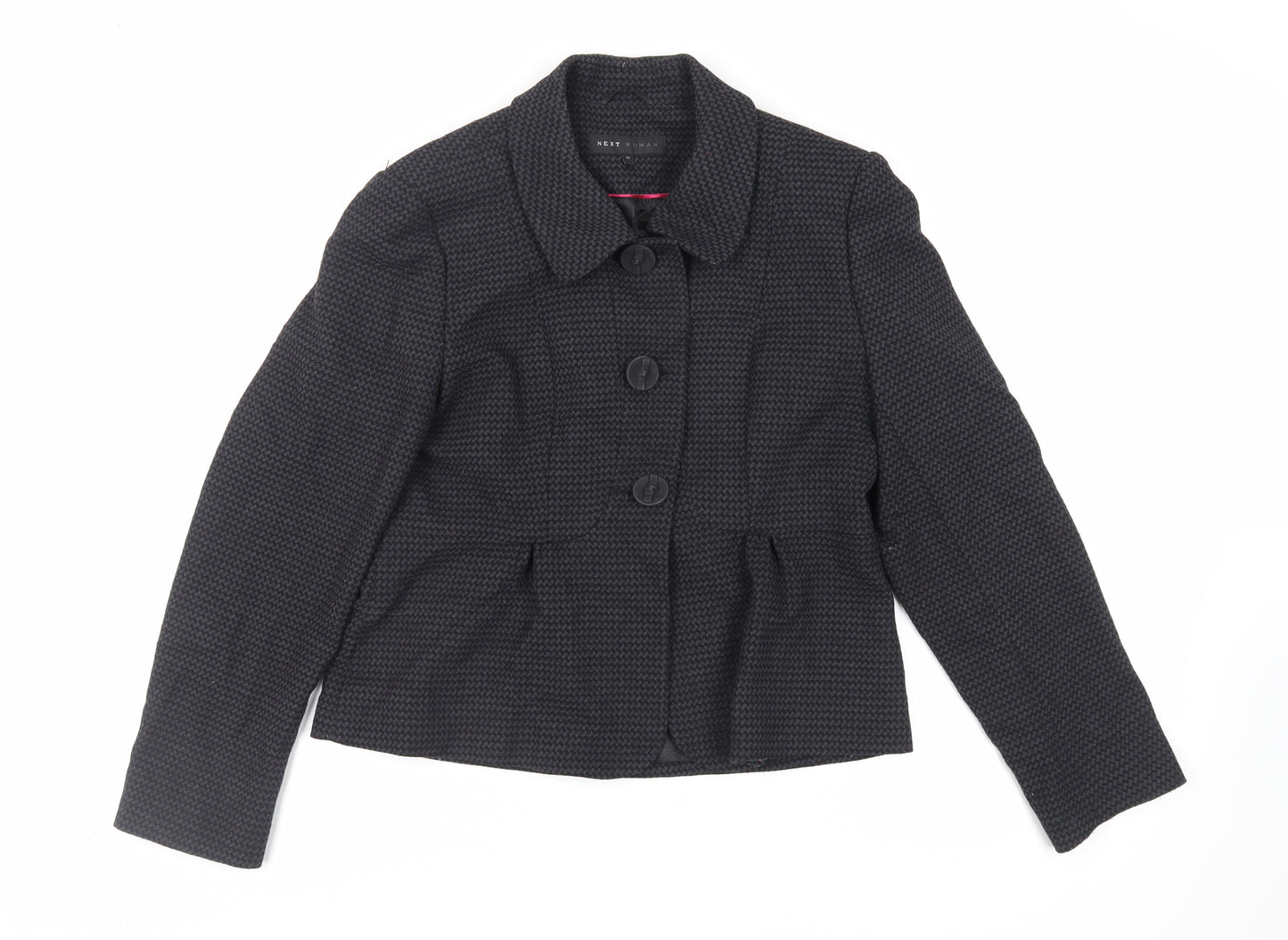 NEXT Womens Black Geometric Jacket Blazer Size 14 Button