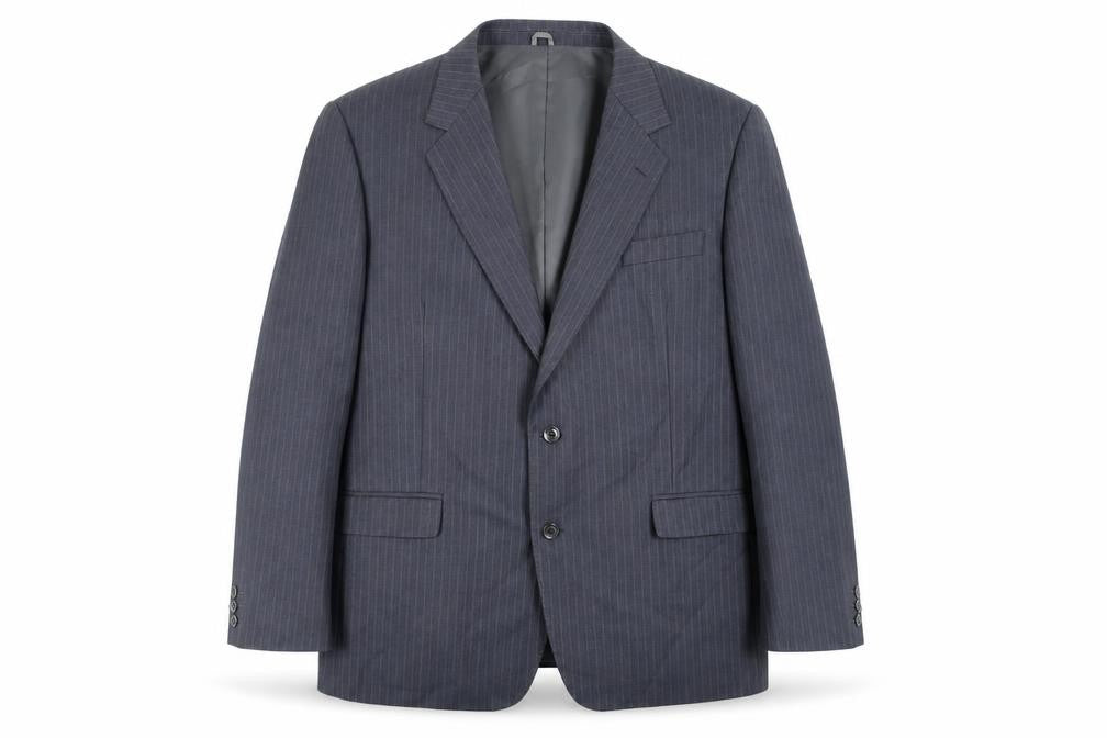 Front view of Pierre Marcel men’s blue striped wool jacket suit jacket, size 46, regular
