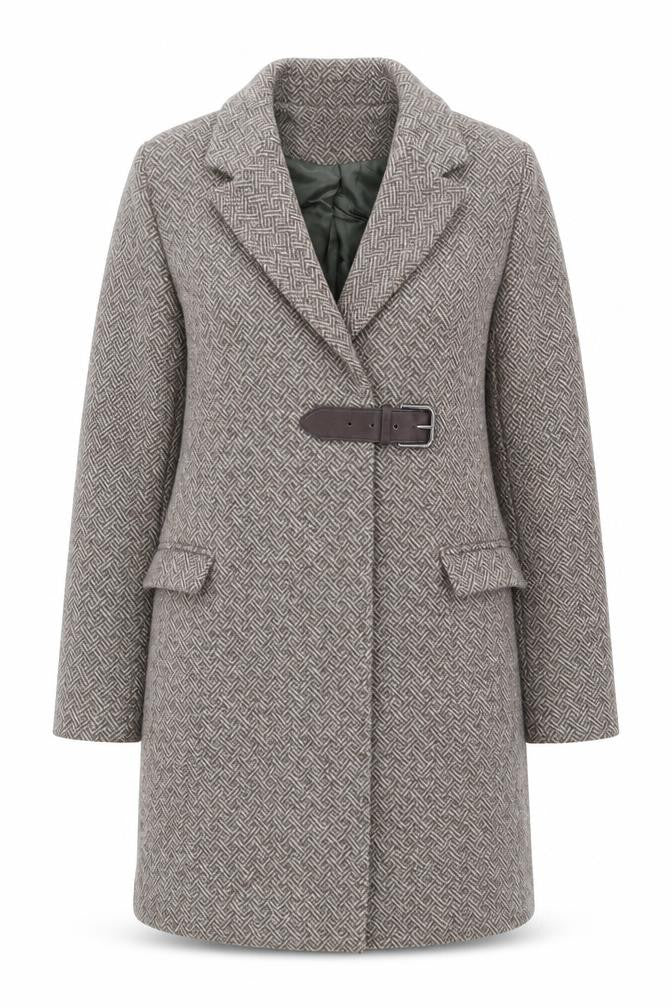 Front view of Clements Ribeiro women’s brown geometric overcoat coat, size L, buckle