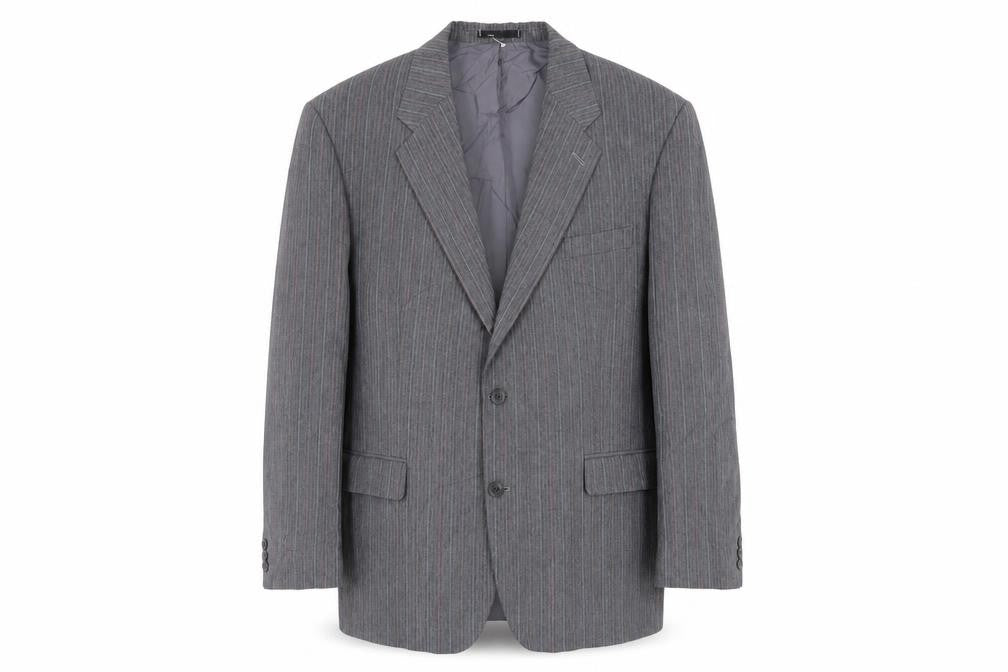 Front view of St Michael men’s grey striped polyester jacket suit jacket, size 46, regular - vintage