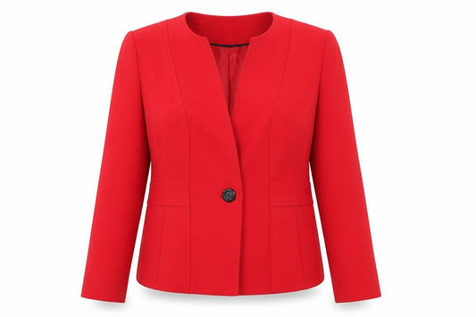 Front view of Country Casuals women’s red jacket blazer, size UK 14, button
