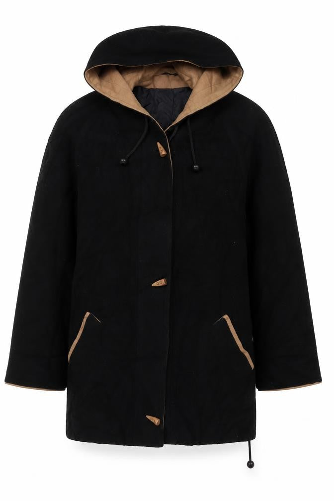Front view of Berkertex women’s black overcoat coat, size UK 12, toggle