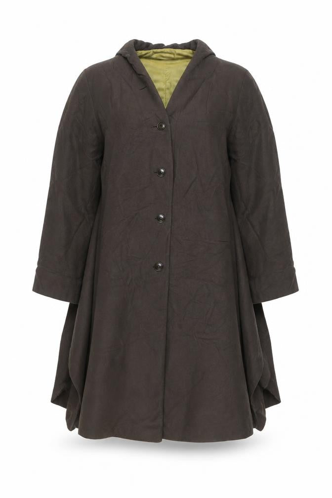Front view of Miss Brit women’s brown overcoat coat, size S, button