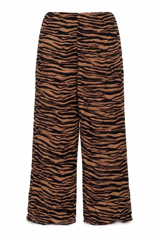Front view of Oasis women’s multicoloured animal print viscose trousers, size UK 12, 30-inch leg regular zip - tiger print