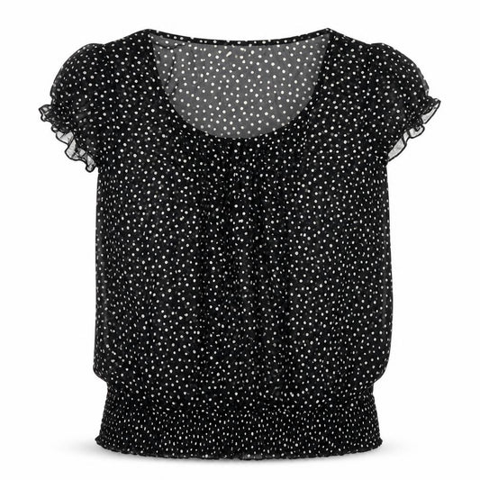 Front view of Wallis women’s black polka dot polyester basic blouse, size UK 12, round neck