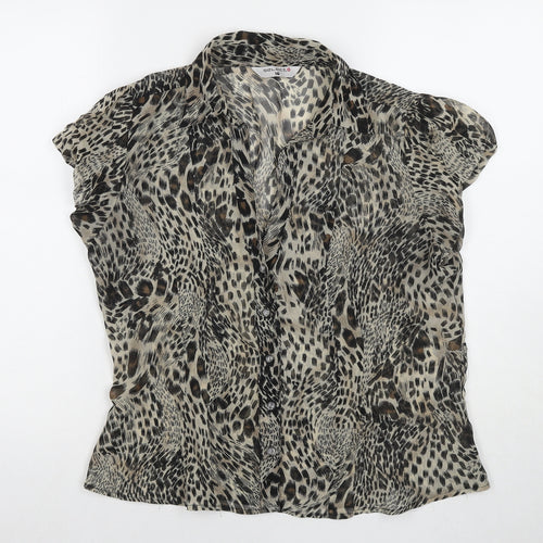 Select Womens Beige Animal Print Polyester Basic Button-Up Size 16 V-Neck