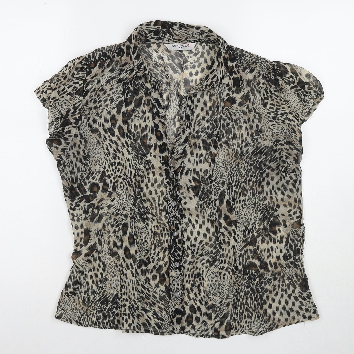 Select Womens Beige Animal Print Polyester Basic Button-Up Size 16 V-Neck