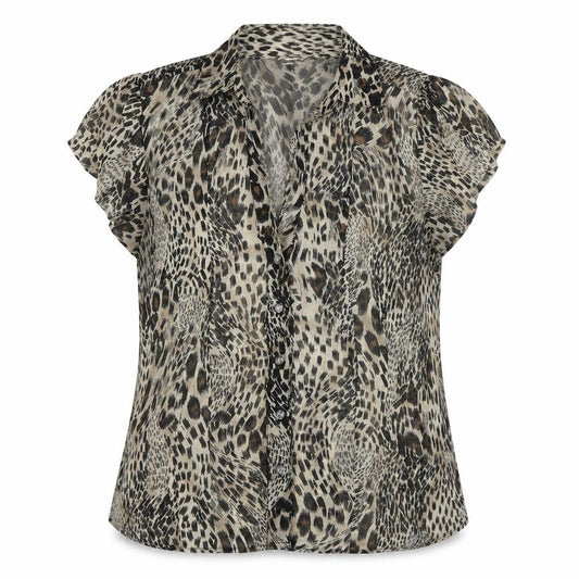 Front view of Select women’s beige animal print polyester basic button-up, size UK 16, v-neck