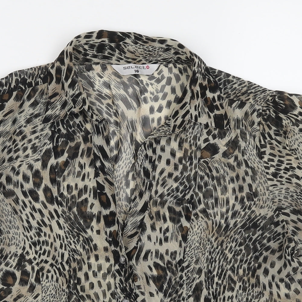 Select Womens Beige Animal Print Polyester Basic Button-Up Size 16 V-Neck