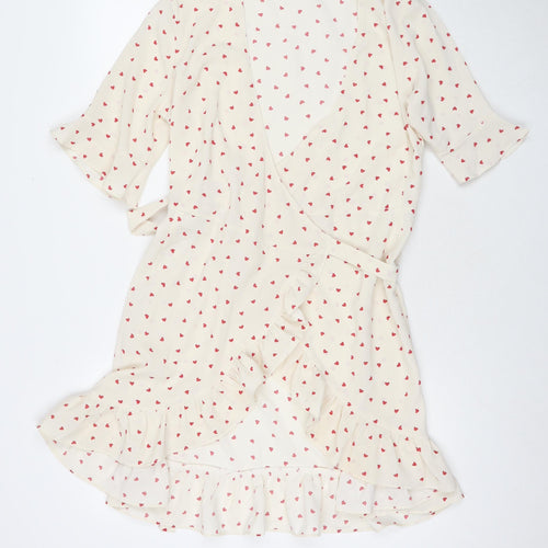 Vera & Lucy Womens White Geometric Polyester Wrap Dress Size M V-Neck Pullover - Hearts