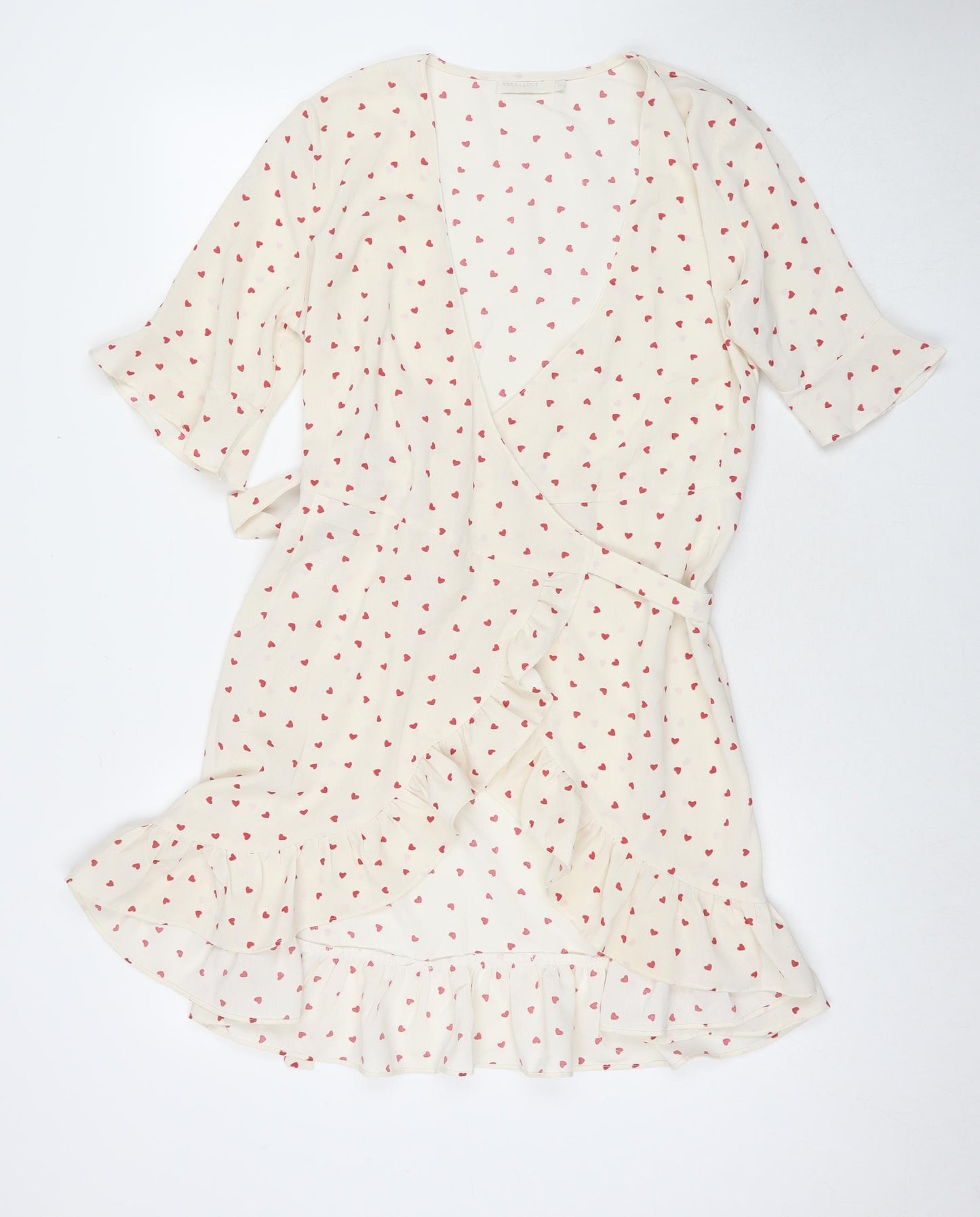 Vera & Lucy Womens White Geometric Polyester Wrap Dress Size M V-Neck Pullover - Hearts