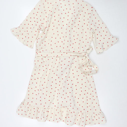 Vera & Lucy Womens White Geometric Polyester Wrap Dress Size M V-Neck Pullover - Hearts