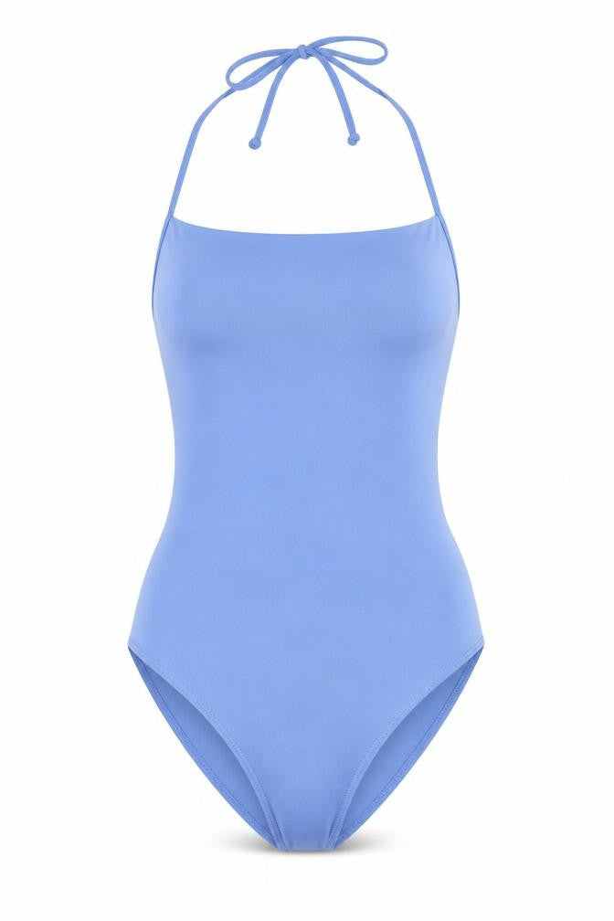 Front view of H&M women’s blue polyester bodysuit one-piece, size XS, snap