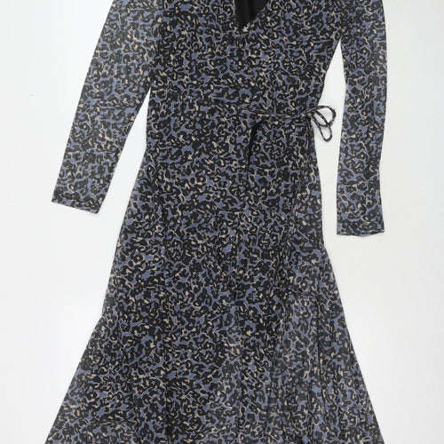 Savannah Miller Womens Blue Animal Print Polyester Wrap Dress Size 12 V-Neck Tie