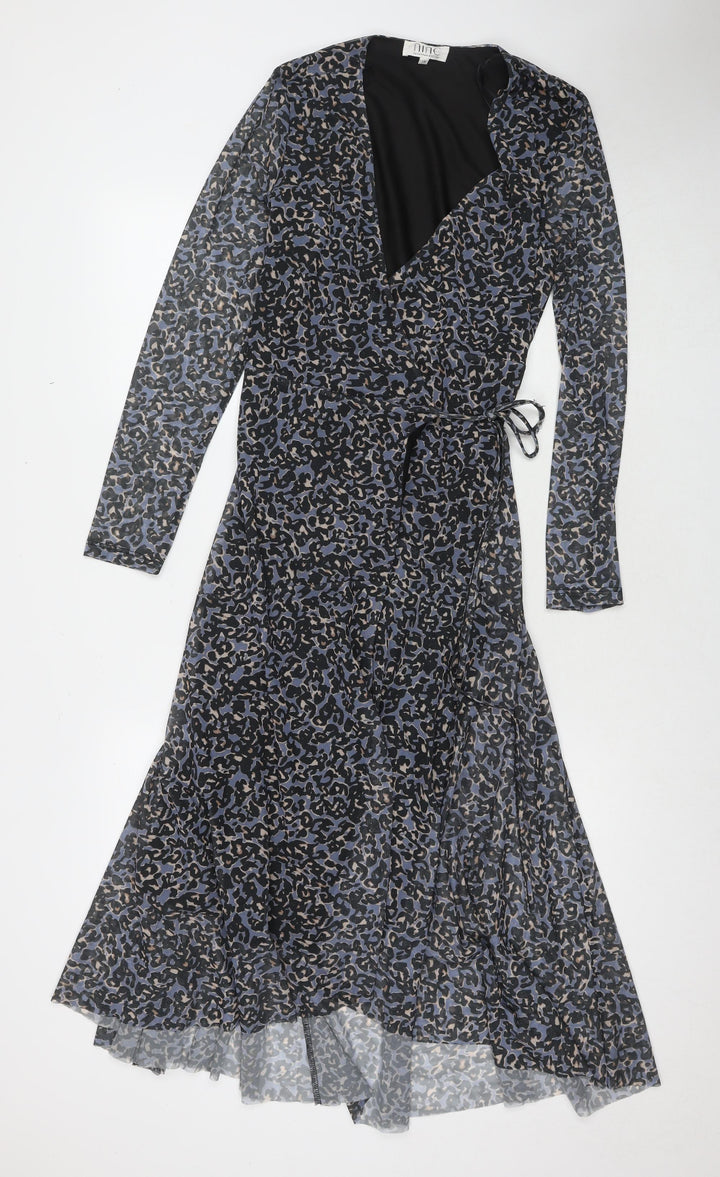 Savannah Miller Womens Blue Animal Print Polyester Wrap Dress Size 12 V-Neck Tie