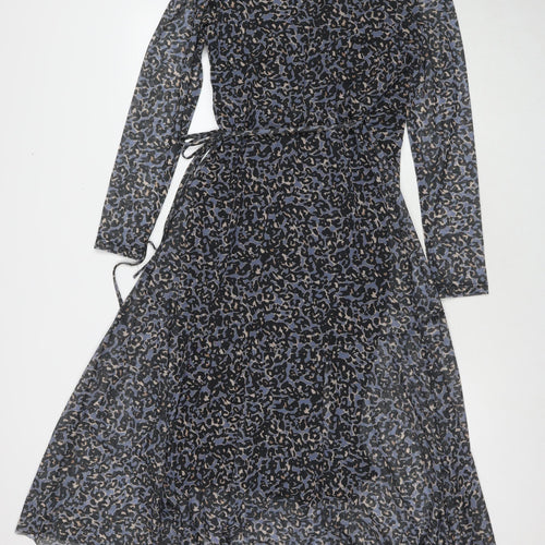 Savannah Miller Womens Blue Animal Print Polyester Wrap Dress Size 12 V-Neck Tie