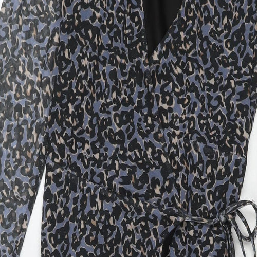 Savannah Miller Womens Blue Animal Print Polyester Wrap Dress Size 12 V-Neck Tie