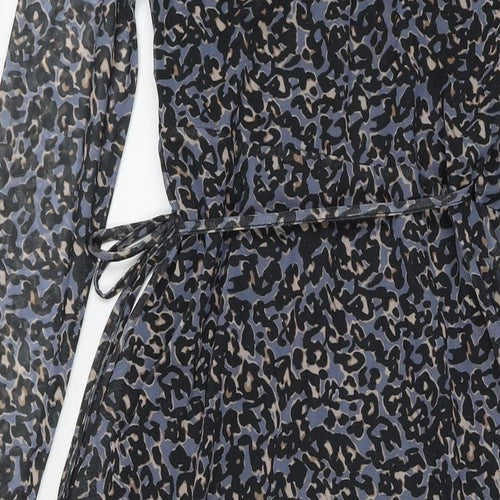 Savannah Miller Womens Blue Animal Print Polyester Wrap Dress Size 12 V-Neck Tie