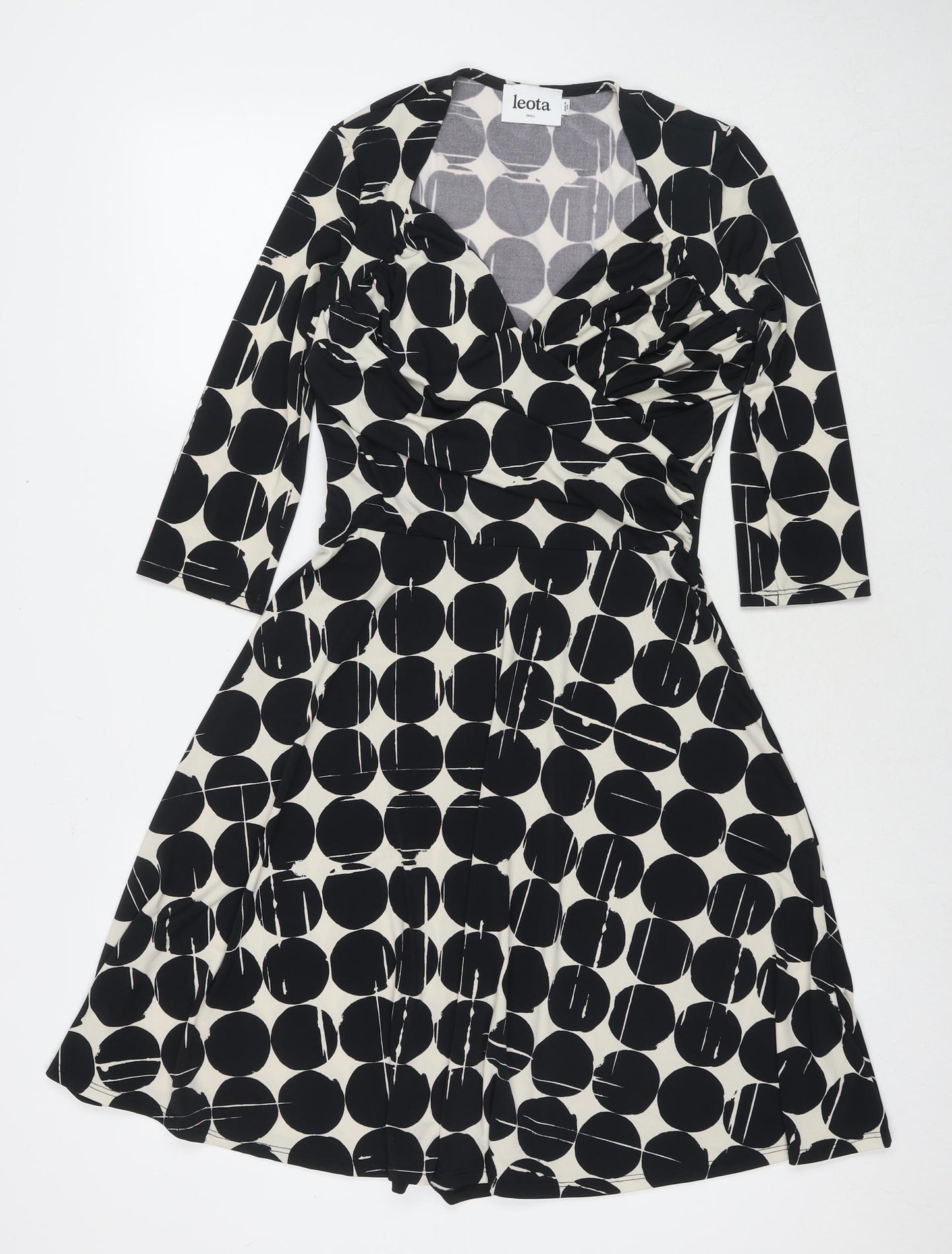 Leota Womens Black Polka Dot Polyester Fit & Flare Size S V-Neck Pullover