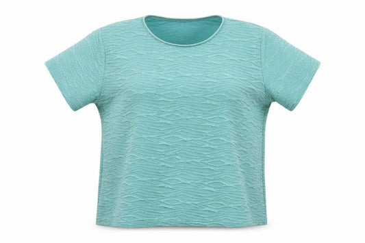 Front view of EWM women’s blue geometric polyester basic t-shirt, size UK 18, round neck -, size UK 18-20