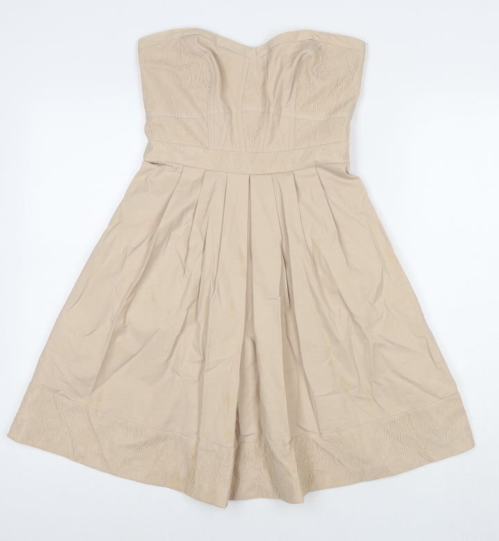 Warehouse Womens Beige Cotton A-Line Size 8 Sweetheart Zip - Strapless