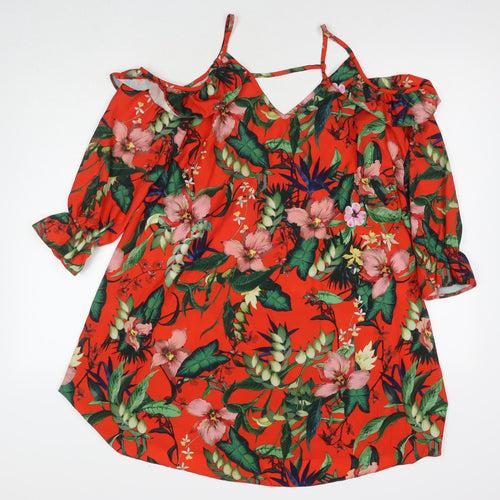 Miss Selfridge Womens Red Floral Polyester T-Shirt Dress Size 8 V-Neck Pullover - Cold Shoulder