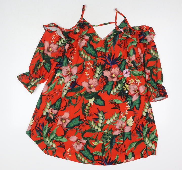 Miss Selfridge Womens Red Floral Polyester T-Shirt Dress Size 8 V-Neck Pullover - Cold Shoulder