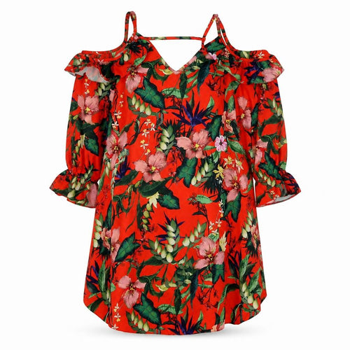 Miss Selfridge Womens Red Floral Polyester T-Shirt Dress Size 8 V-Neck Pullover - Cold Shoulder