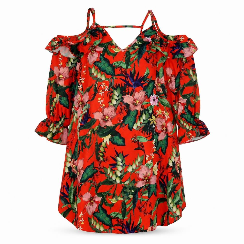 Miss Selfridge Womens Red Floral Polyester T-Shirt Dress Size 8 V-Neck Pullover - Cold Shoulder