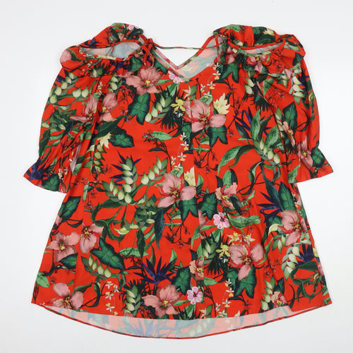 Miss Selfridge Womens Red Floral Polyester T-Shirt Dress Size 8 V-Neck Pullover - Cold Shoulder