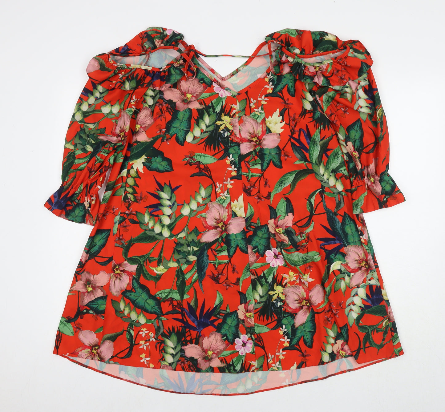 Miss Selfridge Womens Red Floral Polyester T-Shirt Dress Size 8 V-Neck Pullover - Cold Shoulder
