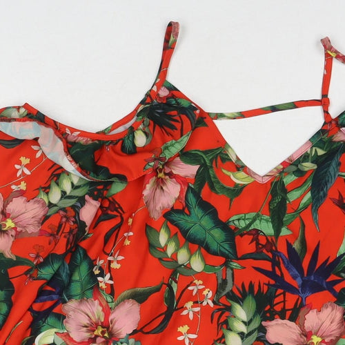 Miss Selfridge Womens Red Floral Polyester T-Shirt Dress Size 8 V-Neck Pullover - Cold Shoulder