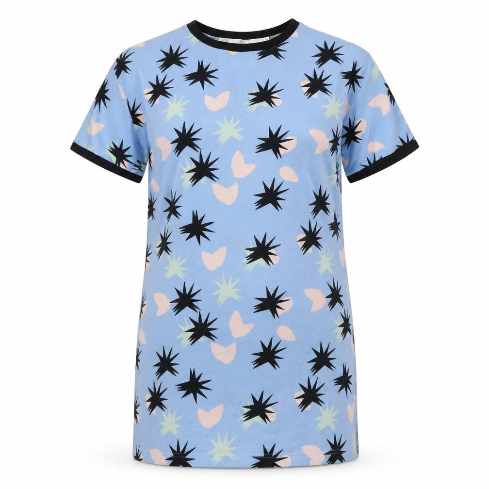 Pippalynn Womens Blue Geometric Polyester T-Shirt Dress Size M Round Neck Pullover