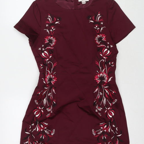 Precis Womens Red Floral Cotton A-Line Size 10 Round Neck Zip