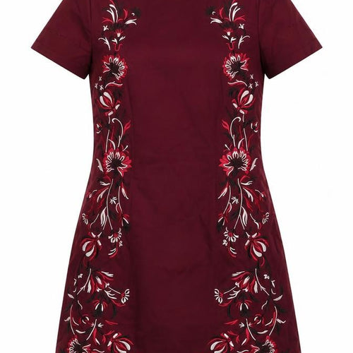 Precis Womens Red Floral Cotton A-Line Size 10 Round Neck Zip