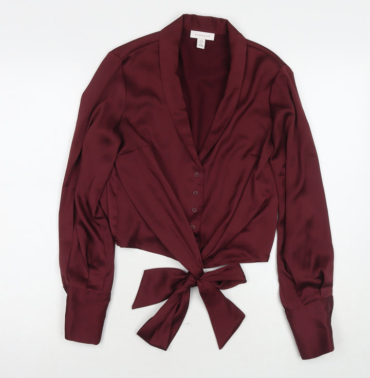 Topshop Womens Red Polyester Basic Button-Up Size 8 Collared