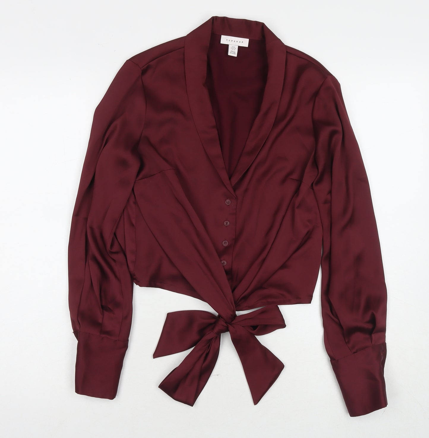 Topshop Womens Red Polyester Basic Button-Up Size 8 Collared