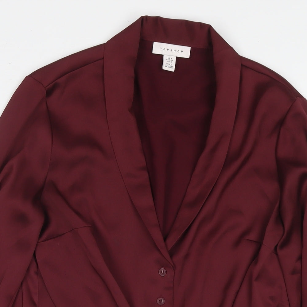 Topshop Womens Red Polyester Basic Button-Up Size 8 Collared