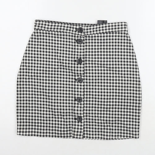 H&M Womens Black Check Cotton A-Line Skirt Size 8 Button