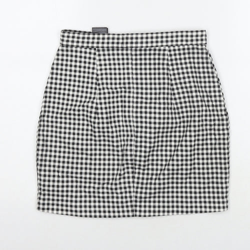 H&M Womens Black Check Cotton A-Line Skirt Size 8 Button