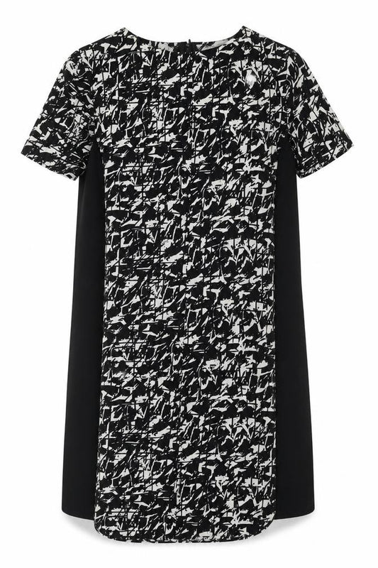 Front view of Marks & Spencer women’s black geometric polyester a-line, size UK 10, round neck zip