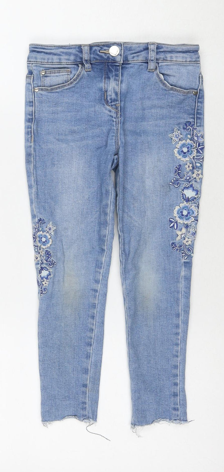 George Girls Blue Cotton Cropped Jeans Size 5-6 Years Regular Pullover - Flowers
