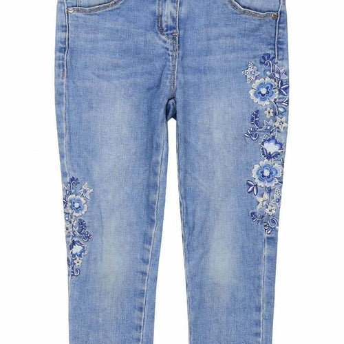 George Girls Blue Cotton Cropped Jeans Size 5-6 Years Regular Pullover - Flowers
