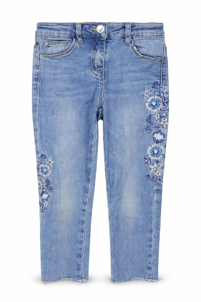 George Girls Blue Cotton Cropped Jeans Size 5-6 Years Regular Pullover - Flowers