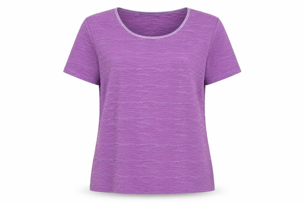 Front view of EWM women’s purple polyester basic t-shirt, size L, round neck