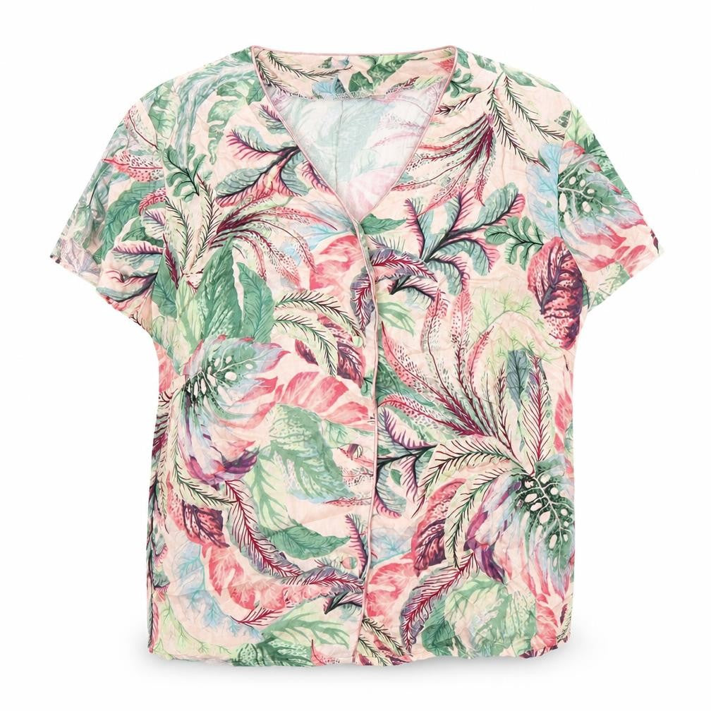 Front view of Pretty Secrets women’s multicoloured floral viscose kimono pyjama top, size UK 12, button