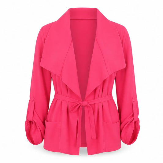 Front view of Next women’s pink polyester kimono blouse, size UK 10, collared - jacket blouse with pockets