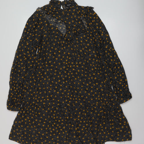 New Look Womens Black Geometric Viscose A-Line Size 12 Mock Neck Button