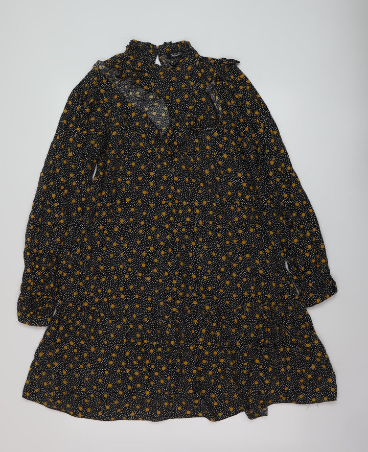 New Look Womens Black Geometric Viscose A-Line Size 12 Mock Neck Button