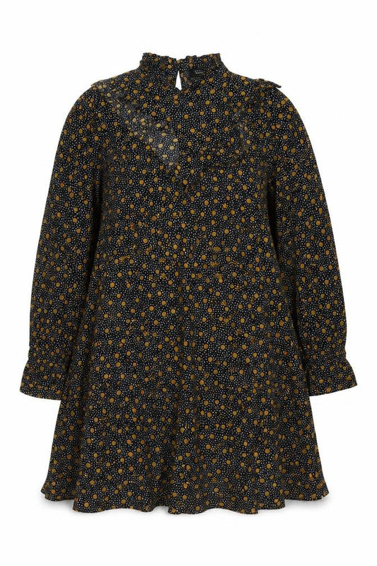 Front view of New Look women’s black geometric viscose a-line, size UK 12, mock neck button